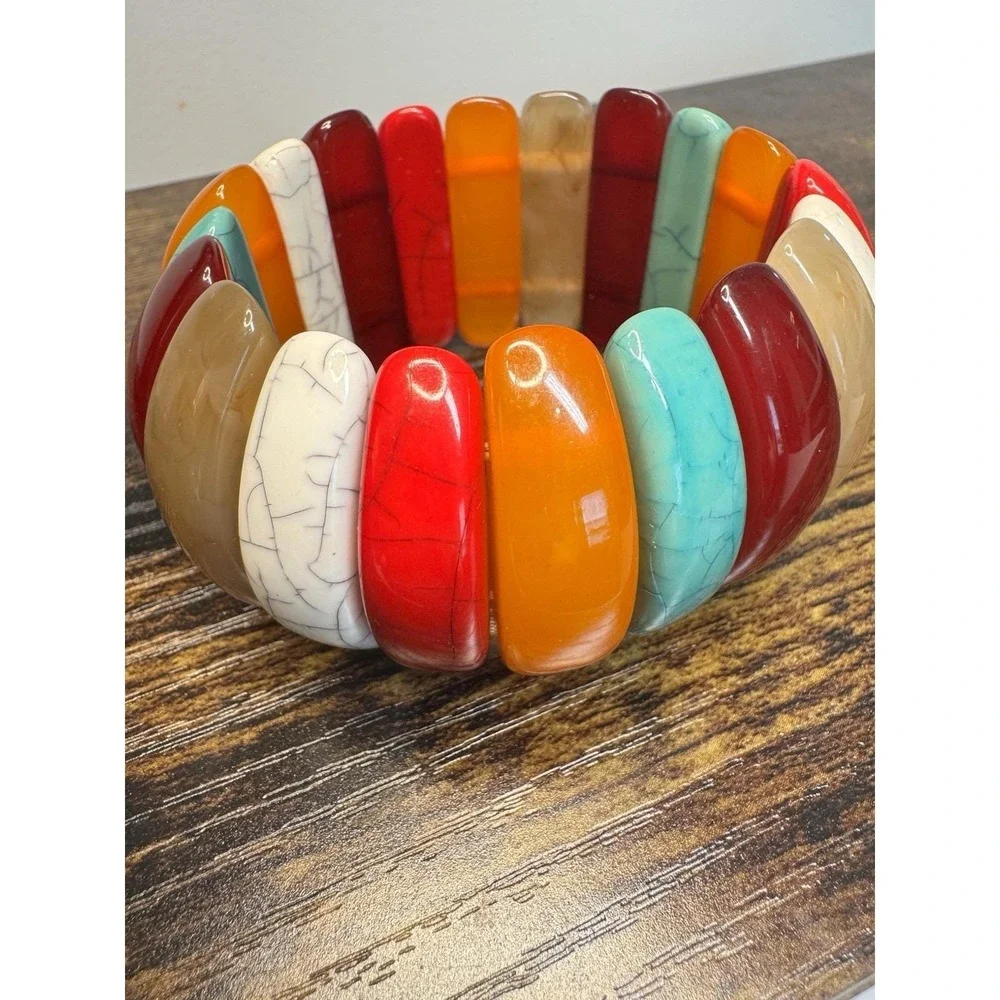 VTG Multicolored Lucite‎ Panel Stretch Bracelet Western Boho Chunky Statement